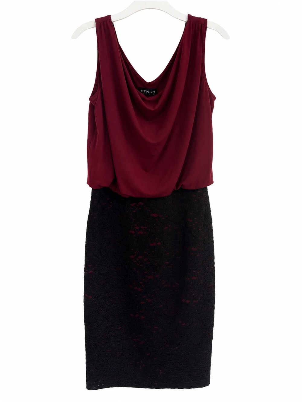 Enfocus Studio Burgundy Draped Top with Black Lace Midi Skirt
